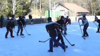 Spieler jagen den Puk bei einem Eishockey-Turnier im Hermeshofstadion