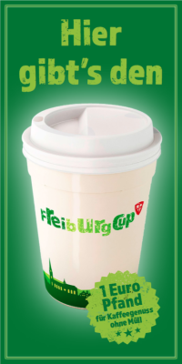 Jetzt auch in der badenova Betriebskantine erhältlich - der Mehrwegkaffeebecher names FreiburgCup