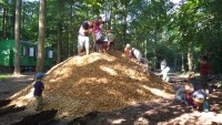 Direkt weihten die Kinder den neuen Hackschnitzel-Berg ein