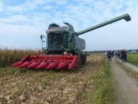 Die Erntemaschine mit dem Häckslervorsatz Strohmax im Einsatz.